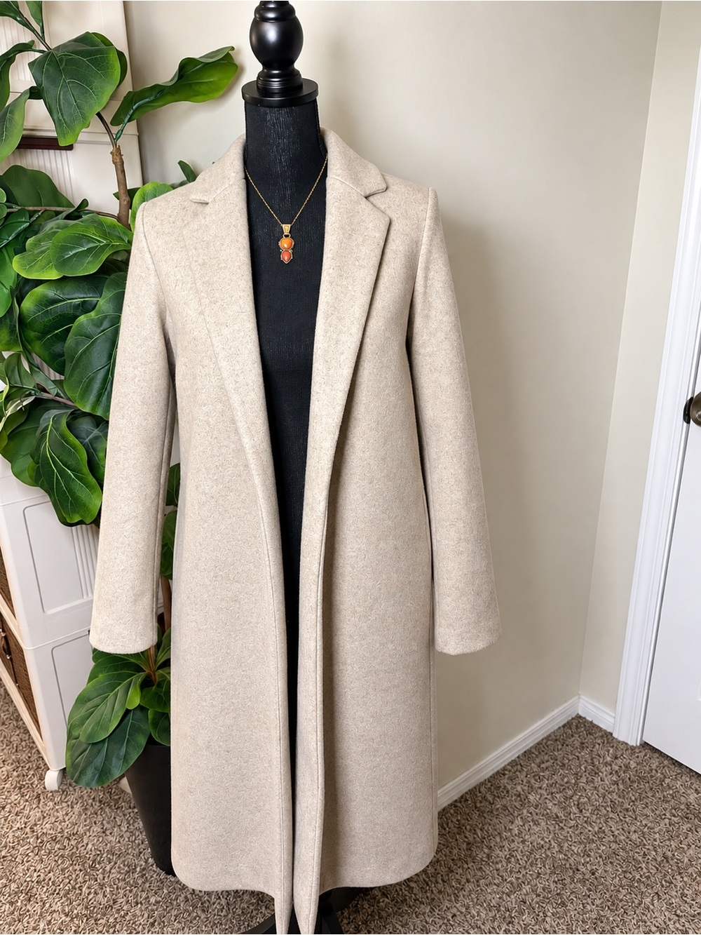 ZARA Beige Oatmeal Lapel Collar Open Front Longline Coat